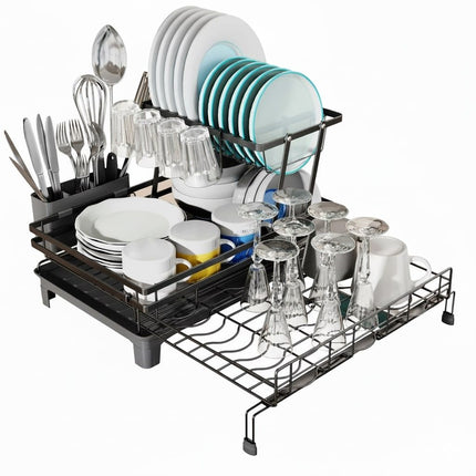 CARLA HOME Expandable Dish Drying Rack with Drainage Spout, Utensil Holder & Drainboardfor Kitchen Countertop Organizer (2 tier).