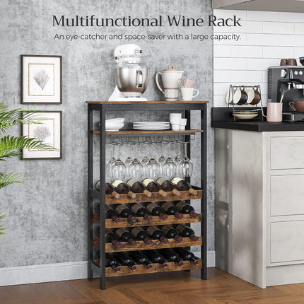 CARLA HOME Large Wine Rack with Glass Holder, Metal Designed Bottle Holder and Wood Countertop up to Wine & Champagne Bottles.