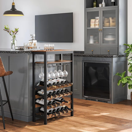 CARLA HOME Large Wine Rack with Glass Holder, Metal Designed Bottle Holder and Wood Countertop up to Wine & Champagne Bottles.