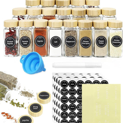CARLA HOME 24 Glass Spice Jars with Bamboo Lids, Shaker Tops, 180 Spice Labels, White Pen & Funnel for Kitchen Organization, Spice Rack, Seasoning & Herb Storage.