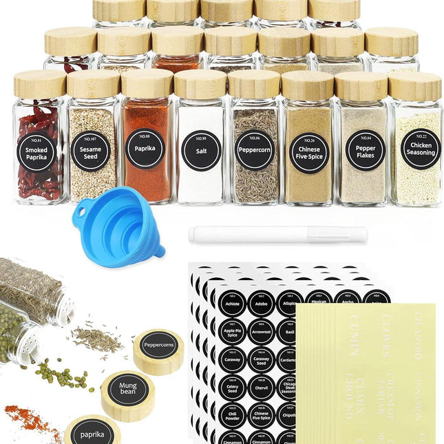 CARLA HOME 24 Glass Spice Jars with Bamboo Lids, Shaker Tops, 180 Spice Labels, White Pen & Funnel for Kitchen Organization, Spice Rack, Seasoning & Herb Storage.