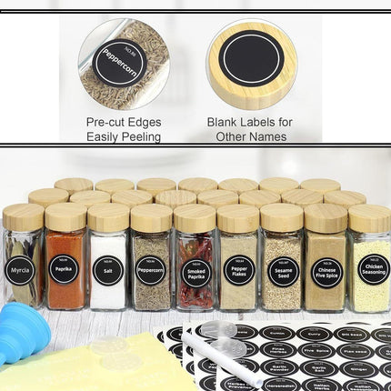 CARLA HOME 24 Glass Spice Jars with Bamboo Lids, Shaker Tops, 180 Spice Labels, White Pen & Funnel for Kitchen Organization, Spice Rack, Seasoning & Herb Storage.