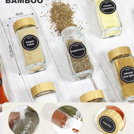 CARLA HOME 24 Glass Spice Jars with Bamboo Lids, Shaker Tops, 180 Spice Labels, White Pen & Funnel for Kitchen Organization, Spice Rack, Seasoning & Herb Storage.