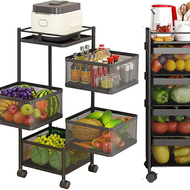 CARLA HOME Metal 5-Tier Rolling Vegetable and Fruit Basket Cart Stand for Kitchen & Storage.
