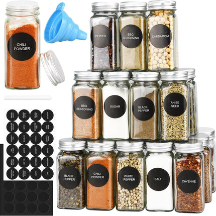 CARLA HOME 24 Glass Spice Jars with Lids, Shaker Tops, 180 Spice Labels, White Pen & Funnel for Kitchen Organization, Spice Rack, Seasoning & Herb Storage.