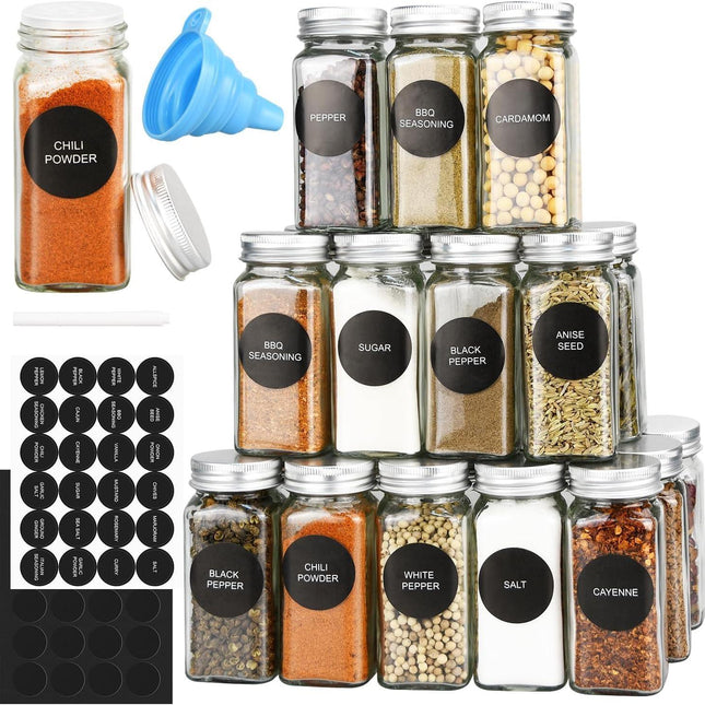 CARLA HOME 24 Glass Spice Jars with Lids, Shaker Tops, 180 Spice Labels, White Pen & Funnel for Kitchen Organization, Spice Rack, Seasoning & Herb Storage.