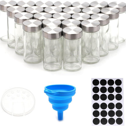 CARLA HOME 24 Glass Spice Jars with Lids, Shaker Tops, 180 Spice Labels, White Pen & Funnel for Kitchen Organization, Spice Rack, Seasoning & Herb Storage.