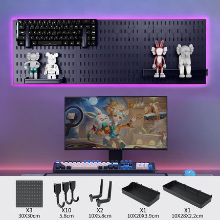 CARLA HOME Pegboard Wall Organizer Kit with 3 Modular Black Panels & 17 Accessories for Gaming, Office & Craft Storage.