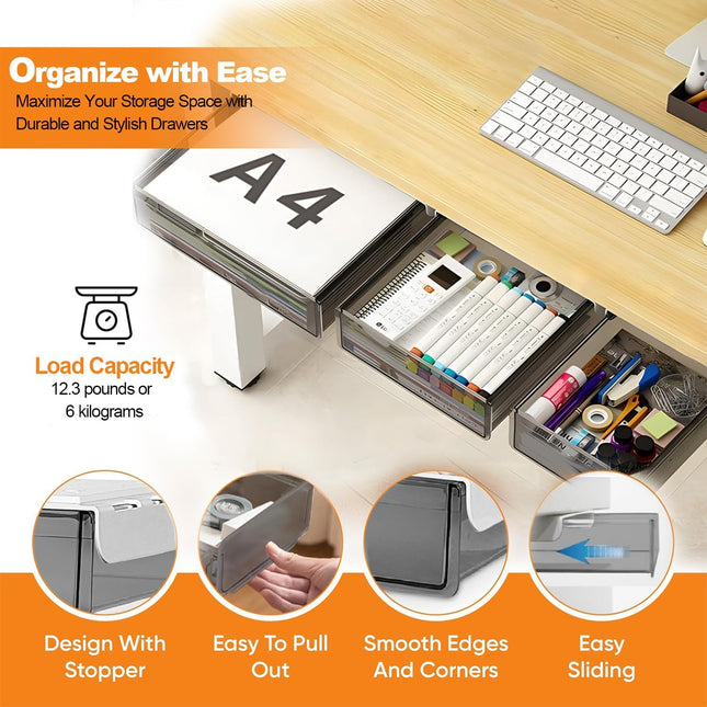CARLA HOME 3‑Pack Under Desk Storage Drawers Hidden Pull‑Out Organizer for Office & Home.