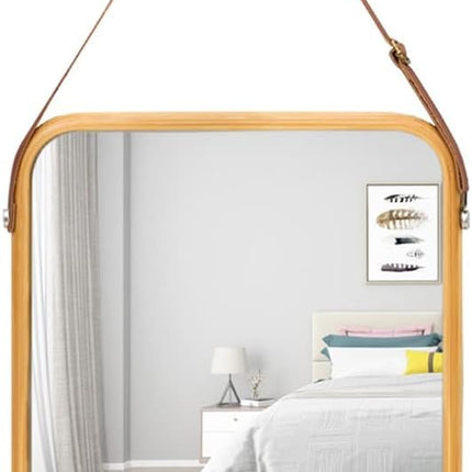 CARLA HOME Hanging Wall Mirror with Bamboo Frame with Adjustable Leather Strap for Bathroom, Bedroom, Vanity or Entryway (40x33 cm).