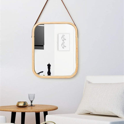 CARLA HOME Hanging Wall Mirror with Bamboo Frame with Adjustable Leather Strap for Bathroom, Bedroom, Vanity or Entryway (40x33 cm).