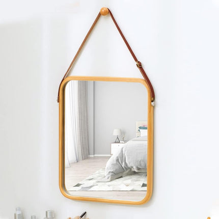 CARLA HOME Hanging Wall Mirror with Bamboo Frame with Adjustable Leather Strap for Bathroom, Bedroom, Vanity or Entryway (40x33 cm).