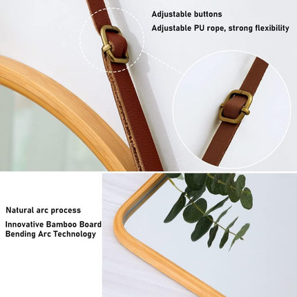 CARLA HOME Hanging Wall Mirror with Bamboo Frame with Adjustable Leather Strap for Bathroom, Bedroom, Vanity or Entryway (40x33 cm).