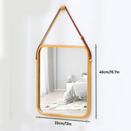 CARLA HOME Hanging Wall Mirror with Bamboo Frame with Adjustable Leather Strap for Bathroom, Bedroom, Vanity or Entryway (40x33 cm).