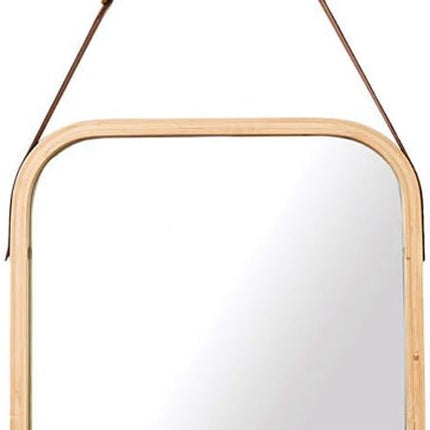 CARLA HOME Hanging Wall Mirror with Bamboo Frame with Adjustable Leather Strap for Bathroom, Bedroom, Vanity or Entryway (40x33 cm).