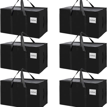 CARLA HOME 6-Pack Large Moving Storage Bags with Zippers & Handles with 95 Liters Capacity for Space Saving, Travel, Camping & Organization (Black).