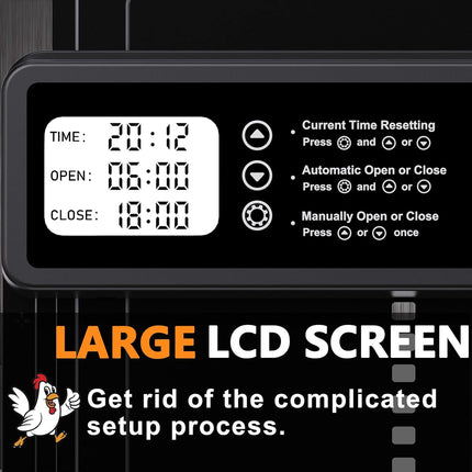 CARLA HOME Automatic Chicken Coop Door Opener with Timer Control, Anti-Pinch Protection, LCD Display & Battery Powered for Backyard Chickens.