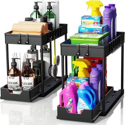CARLA HOME 2 Pack Under Sink Organizer with Pull-Out Basket and Hooks for Bathroom & Kitchen.