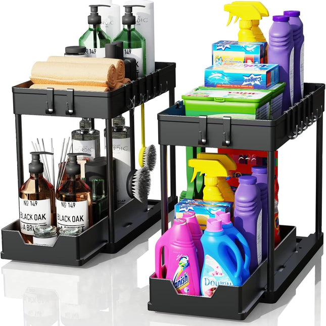 CARLA HOME 2 Pack Under Sink Organizer with Pull-Out Basket and Hooks for Bathroom & Kitchen.