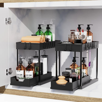 CARLA HOME 2 Pack Under Sink Organizer with Pull-Out Basket and Hooks for Bathroom & Kitchen.