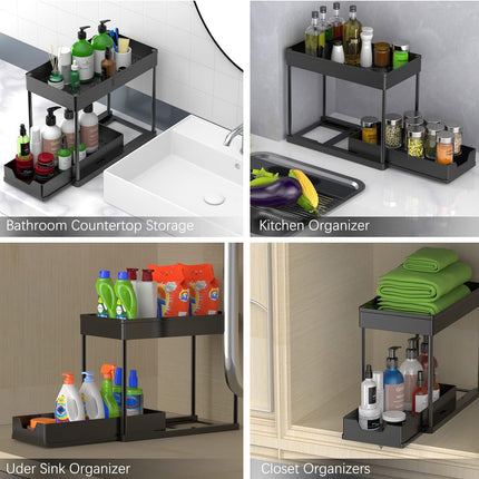 CARLA HOME 2 Pack Under Sink Organizer with Pull-Out Basket and Hooks for Bathroom & Kitchen.