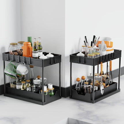 CARLA HOME 2 Pack Under Sink Organizer with Pull-Out Basket and Hooks for Bathroom & Kitchen.