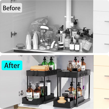 CARLA HOME 2 Pack Under Sink Organizer with Pull-Out Basket and Hooks for Bathroom & Kitchen.