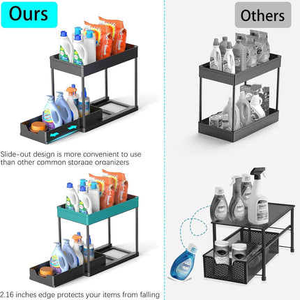 CARLA HOME 2 Pack Under Sink Organizer with Pull-Out Basket and Hooks for Bathroom & Kitchen.