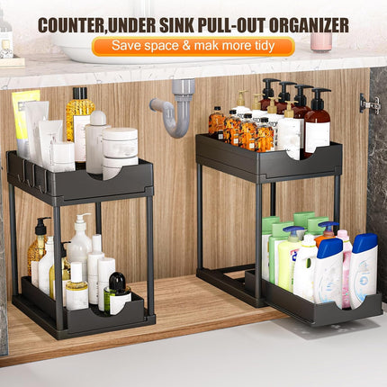 CARLA HOME 2 Pack Under Sink Organizer with Pull-Out Basket and Hooks for Bathroom & Kitchen.