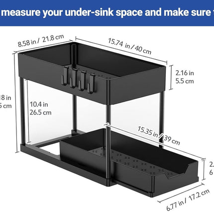 CARLA HOME 2 Pack Under Sink Organizer with Pull-Out Basket and Hooks for Bathroom & Kitchen.