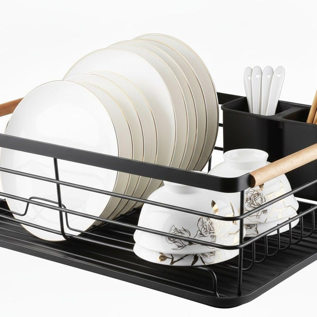 CARLA HOME Dish Drying Rack with Wooden Handles, Removable Cutlery Holder & Drainboard for Kitchen Countertop.