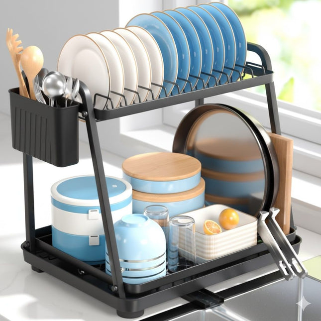 CARLA HOME 2-Tier Dish Drying Rack for Kitchen Countertop with Drainage Tray, Utensil Holder, Cutting Board Slot & Cup Hooks.