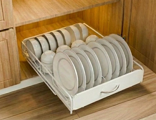 CARLA HOME Pull Out Dish Rack for Kitchen Cabinet with Slide Out Drawer Organizer for Plates, Bowls & Utensils.