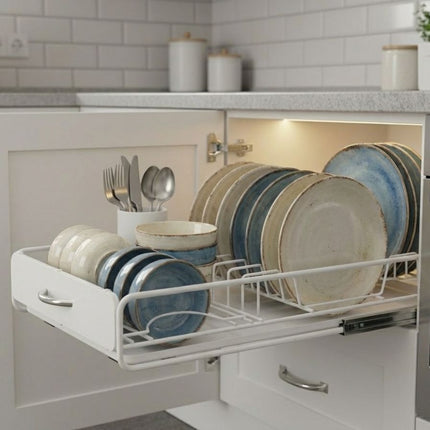 CARLA HOME Pull Out Dish Rack for Kitchen Cabinet with Slide Out Drawer Organizer for Plates, Bowls & Utensils.