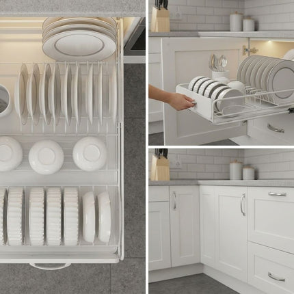 CARLA HOME Pull Out Dish Rack for Kitchen Cabinet with Slide Out Drawer Organizer for Plates, Bowls & Utensils.