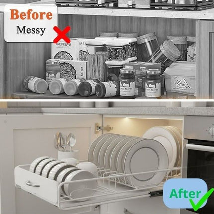 CARLA HOME Pull Out Dish Rack for Kitchen Cabinet with Slide Out Drawer Organizer for Plates, Bowls & Utensils.