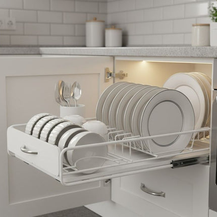 CARLA HOME Pull Out Dish Rack for Kitchen Cabinet with Slide Out Drawer Organizer for Plates, Bowls & Utensils.
