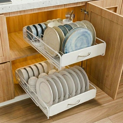 CARLA HOME 2 Pack Pull Out Dish Rack for Kitchen Cabinet with Slide Out Drawer Organizer for Plates, Bowls & Utensils.