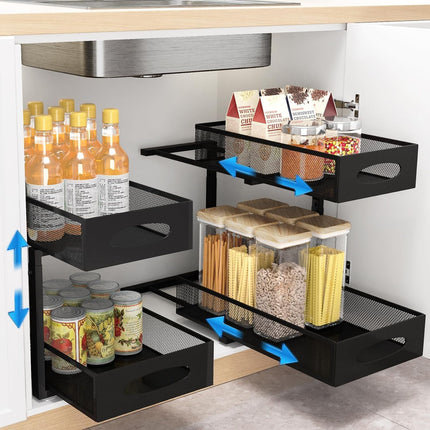 CARLA HOME 2 Pack Under Sink Organizer Pull Out Sliding Cabinet Storage Shelf with Height Adjustable for Kitchen, Bathroom or Laundry Room (Black).