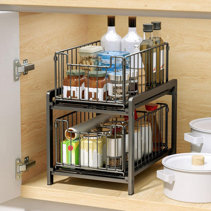 CARLA HOME 2 Tier Sliding Cabinet Organizer Drawer Storage Rack for Kitchen or Bathroom.