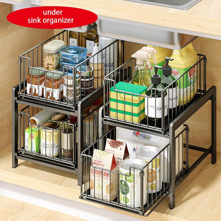 CARLA HOME 2 Tier Sliding Cabinet Organizer Drawer Storage Rack for Kitchen or Bathroom.