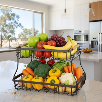 CARLA HOME 2-Tier Fruit Basket Metal Storage Bowl Kitchen Counter Organizer with Handles for Fruits, Vegetables, Snacks & Bread.