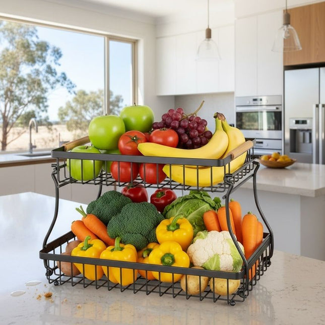 CARLA HOME 2-Tier Fruit Basket Metal Storage Bowl Kitchen Counter Organizer with Handles for Fruits, Vegetables, Snacks & Bread.