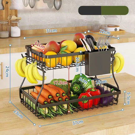 CARLA HOME 2-Tier Fruit Basket Metal Storage Bowl Kitchen Counter Organizer with Handles for Fruits, Vegetables, Snacks & Bread.