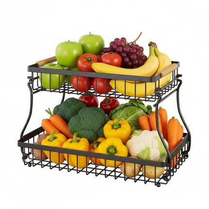 CARLA HOME 2-Tier Fruit Basket Metal Storage Bowl Kitchen Counter Organizer with Handles for Fruits, Vegetables, Snacks & Bread.