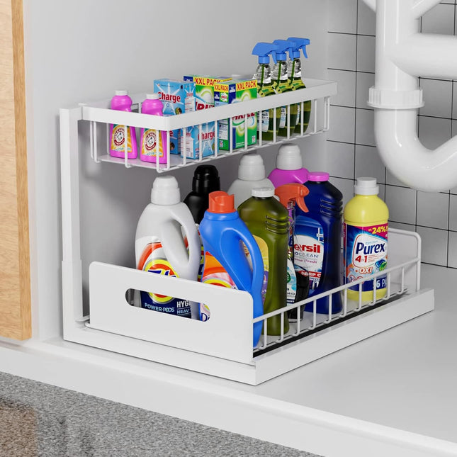 CARLA HOME 2 Tier Under Sink Organiser with Sliding Drawers for Kitchen & Bathroom.