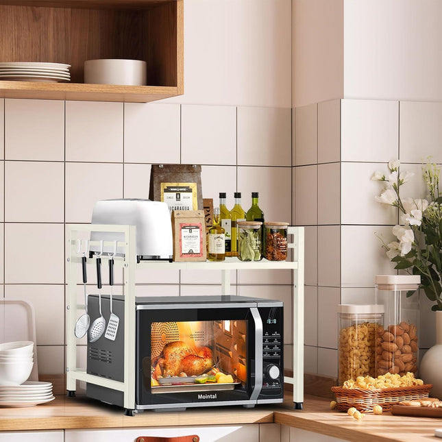 CARLA HOME 2-Tier Microwave Oven Rack with Adjustable Metal Kitchen Shelf Stand for Countertop Storage and 6 Hooks for Utensils (White).