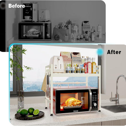CARLA HOME 2-Tier Microwave Oven Rack with Adjustable Metal Kitchen Shelf Stand for Countertop Storage and 6 Hooks for Utensils (White).