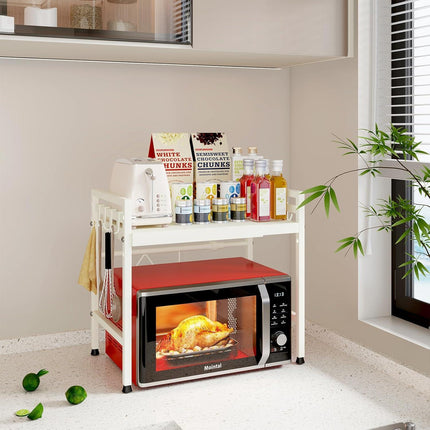 CARLA HOME 2-Tier Microwave Oven Rack with Adjustable Metal Kitchen Shelf Stand for Countertop Storage and 6 Hooks for Utensils (White).