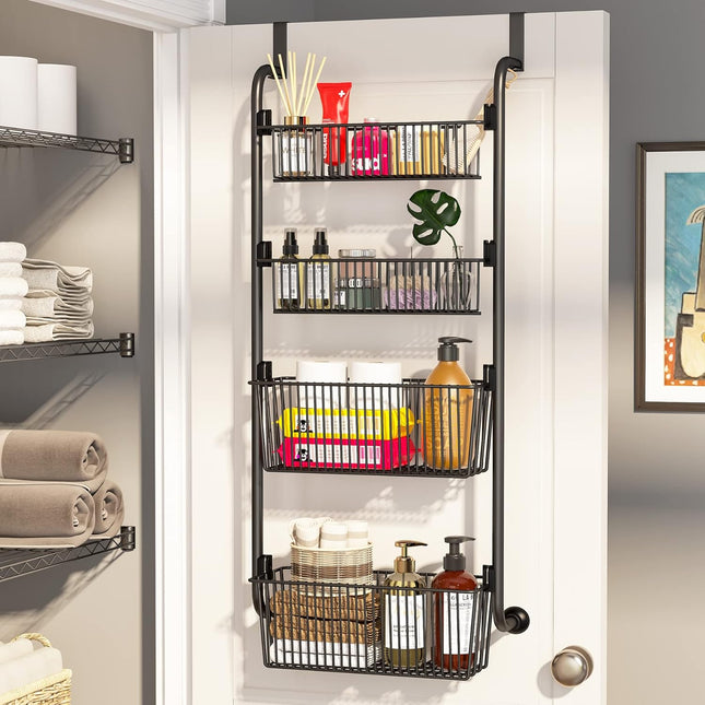 CARLA HOME 4-Tier Over the Door Organizer Heavy-Duty Metal Pantry Rack with Hanging Baskets for Home Kitchen Storage & Bathroom Door Organization.